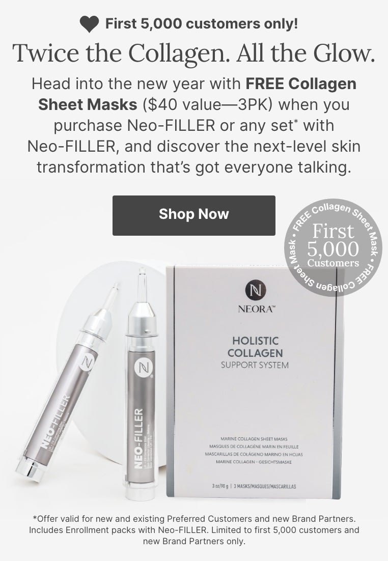 Two Neo-FILLER tubes standing next to a Collagen Sheet Mask box. Accompanying text mentions that the first 5,000 customers can earn FREE Collagen Sheet Masks ($40 value—3-PK) with a purchase of Neo-FILLER or a qualifying set.