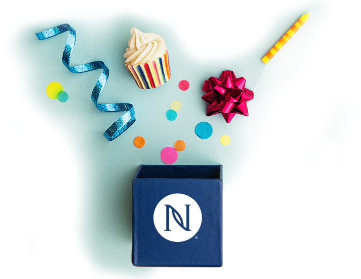 Dark blue box with a Neora Bug logo on it with birthday items popping out