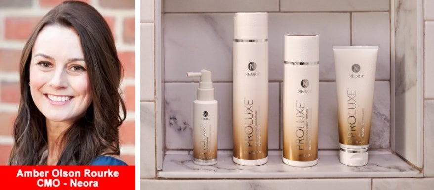 Image of Chief Marketing Officer, Amber Olson Rourke and the ProLuxe Hair Care System, including Scalp Treatment, Hair Mask, Conditioner and Shampoo in a shower niche. 