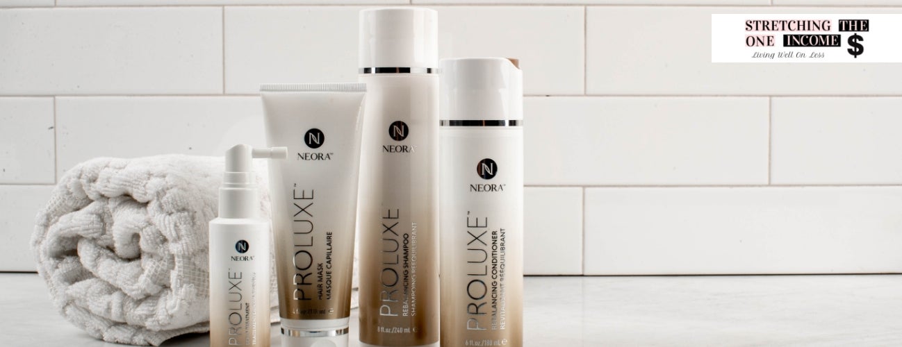 Image of the ProLuxe Hair Care System, including Scalp Treatment, Hair Mask, Conditioner and Shampoo, in a bathroom setting.