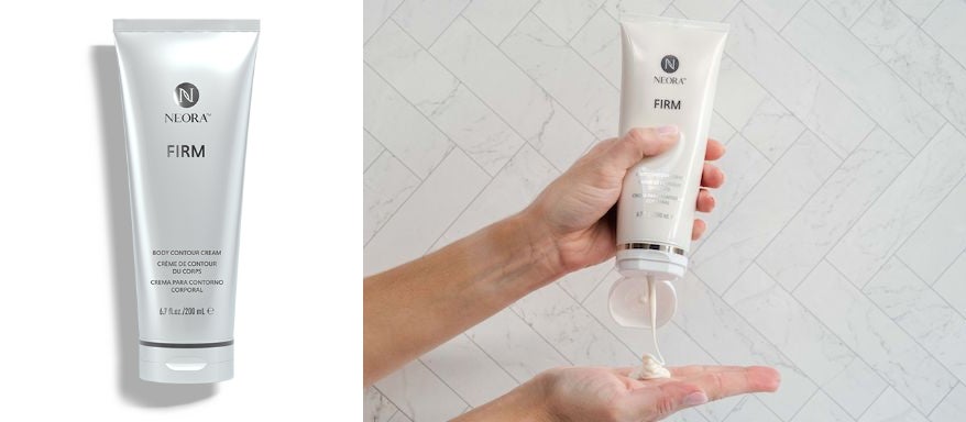 Image of a bottle of Firm Body Contour Cream with a second image of the product being dispensed into a woman’s hand. 