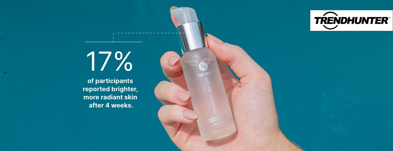 Image of Sig-1273 Advanced Serum being held as part of a graphic that says that 17% of participants reported brighter, more radiant skin after 4 weeks.