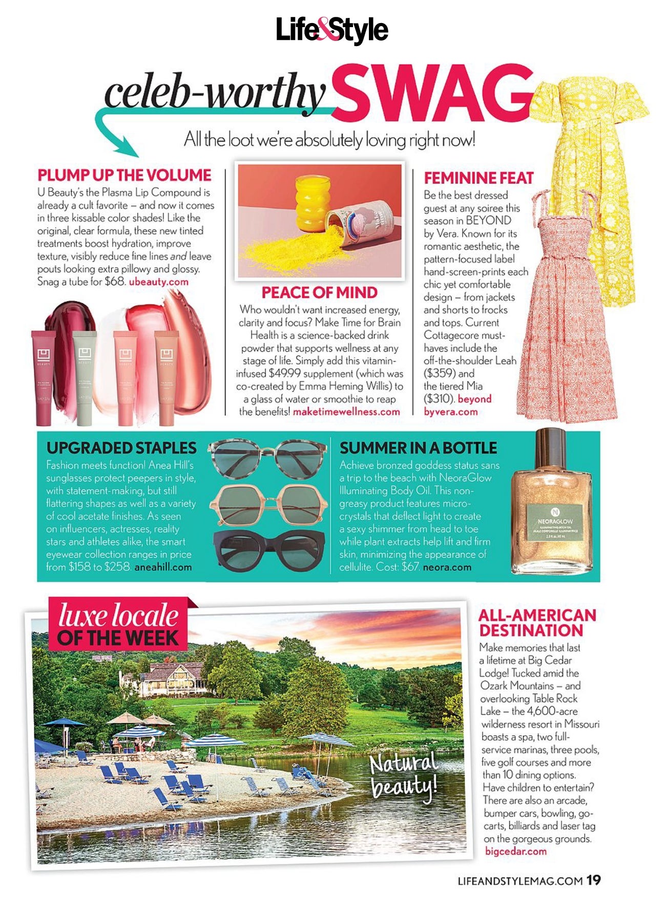 Image of a magazine spread including a variety of summer-friendly products including apparel, lip products, sunglasses, and NeoraGlow Illuminating Body Oil.