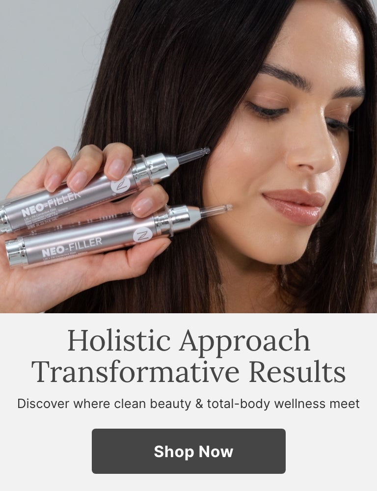 A woman holding a two Neo-FILLER tubes to her face. Accompanying text mentions a Holistic Approach with Transformative Results. Shop now to discover where clean beauty & total-body wellness meet.