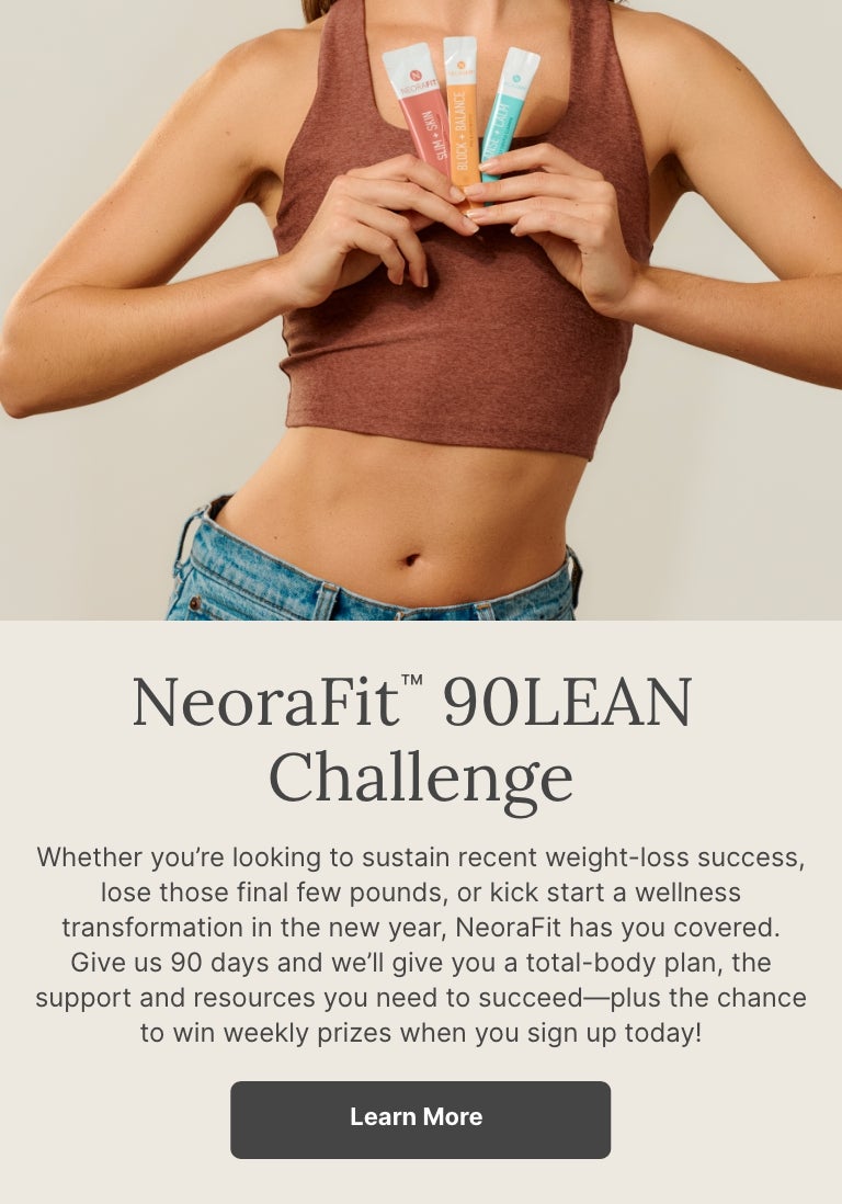 A woman in a red tank top holds up NeoraFit™ sachets to her chest. Accompanying text talks about the NeoraFit™ 90LEAN Challenge and how you can learn more about it.