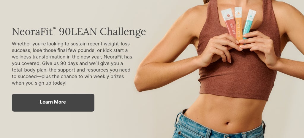 A woman in a red tank top holds up NeoraFit™ sachets to her chest. Accompanying text talks about the NeoraFit™ 90LEAN Challenge and how you can learn more about it.