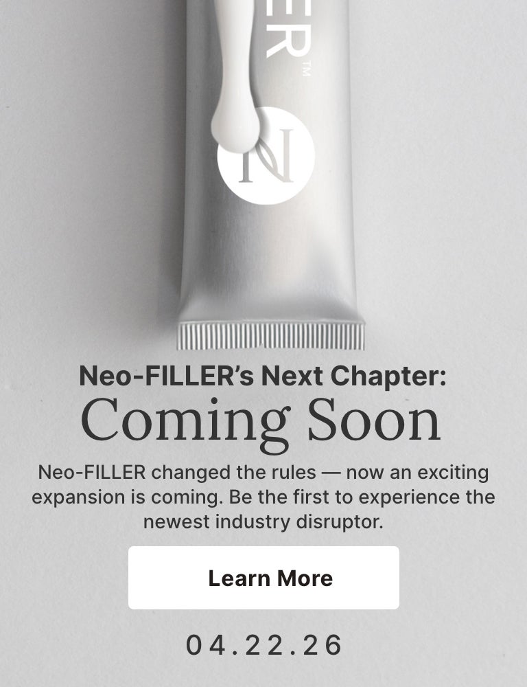 Neo-FILLER banner announcing ‘Coming Soon’ launch on April 22, 2026, with a message about a new expansion and a ‘Learn More’ call to action, alongside a Neora-branded product tube.