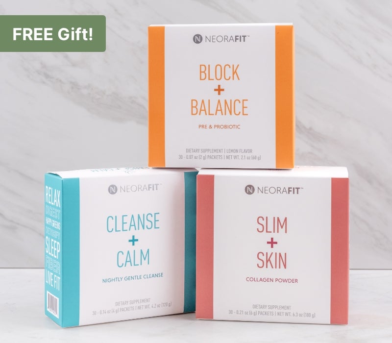 Image of Neora’s NeoraFit Weight Management and Wellness Set which includes Slim + Skin Collagen Powder, Block + Balance Pre and Probiotic, Cleanse + Calm  Gentle Nightly Cleanse on a marble background