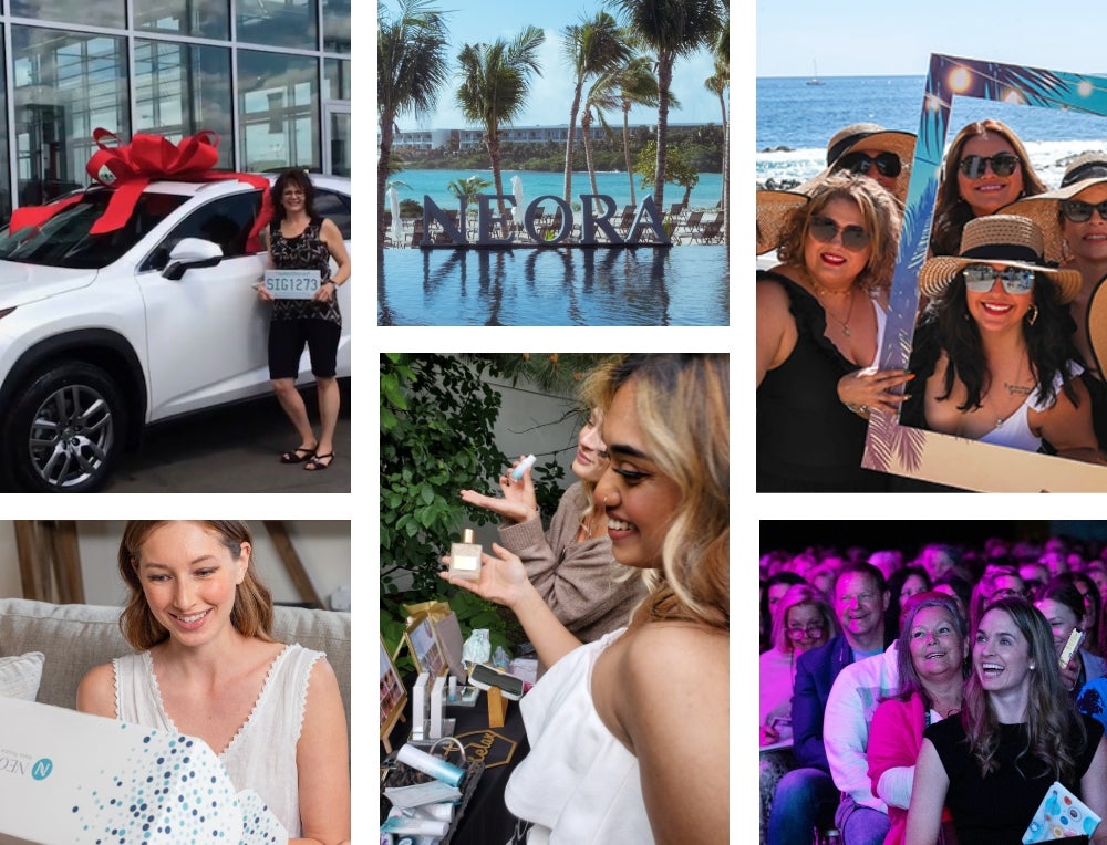 A collage of Neora Brand Partners achieving awards, opening product boxes, trying out Neora samples, sitting in a conference crowd, and celebrating on a beach.