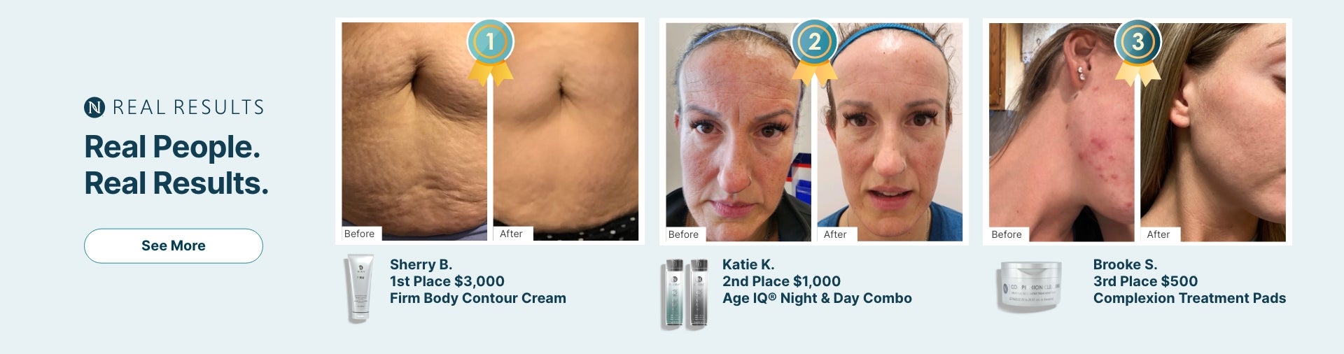 Winners of Neora’s 90-Day Challenge. It features 1st, 2nd, and 3rd place before and after Real Result submissions of various Neora skincare products.