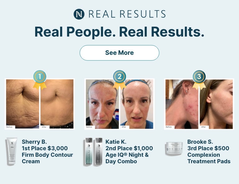 Winners of Neora’s 90-Day Challenge. It features 1st, 2nd, and 3rd place before and after Real Result submissions of various Neora skincare products.