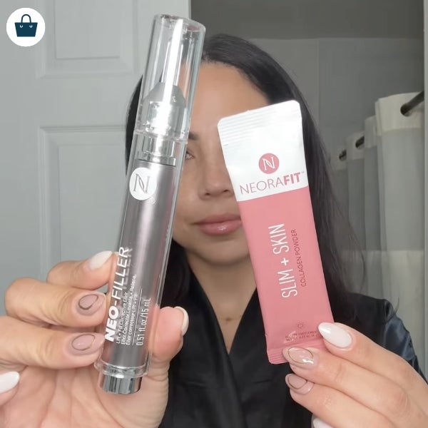 A woman holding up a Neo-FILLER tube and NeoraFit Slim + Skin sachet.