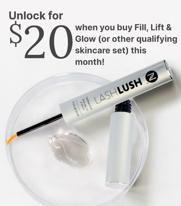 LashLash 3-in-1 Lash & Brow Serum on a clear dish, promoting a $20 offer with qualifying skincare sets.