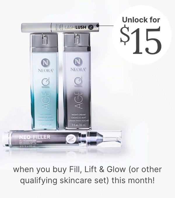 A GIF with two frames: first, a LashLash 3-in-1 Lash & Brow Serum on a clear dish, promoting a $15 offer with qualifying skincare sets. Second, a NeoraFit Plant-Based Protein Powder bag with a shaker bottle, promoting the same $15 offer with qualifying NeoraFit sets.