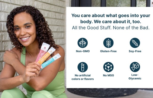 A woman holding NeoraFit sachets. Accompanying text talks about Neora’s product guarantees.