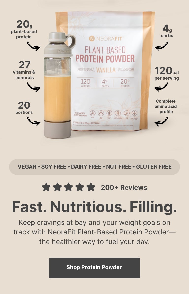 A bag of NeoraFit Plant-Based Protein Powder with a bottle filled with mixed protein powder next to it. Accompanying text mentions the supplements dietary information.