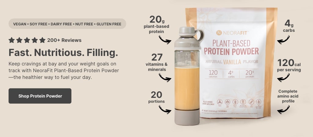 A bag of NeoraFit Plant-Based Protein Powder with a bottle filled with mixed protein powder next to it. Accompanying text mentions the supplements dietary information.