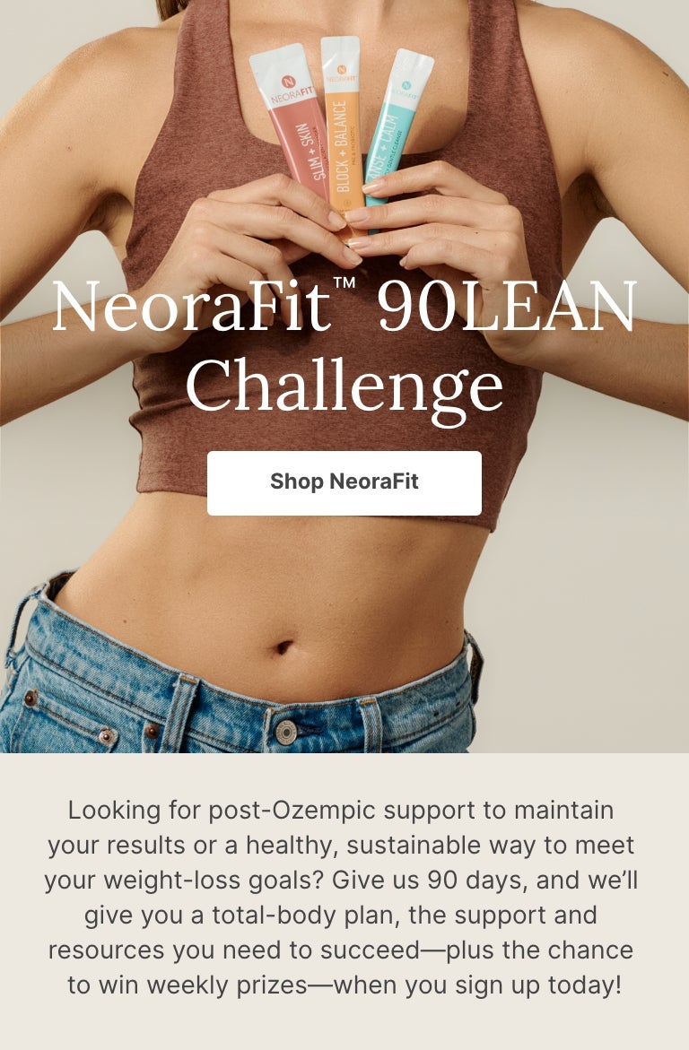 A woman in a red tank top holds up NeoraFit™ sachets to her chest.