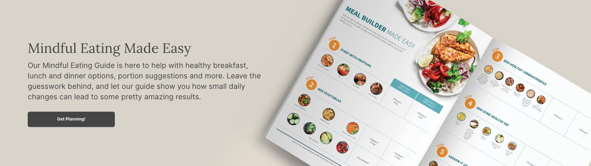 A booklet opened to an example recipe page in the Mindful Eating Guide. Accompany text mentions the Mindful Eating Guide that has recipe options, portion suggestions and more.