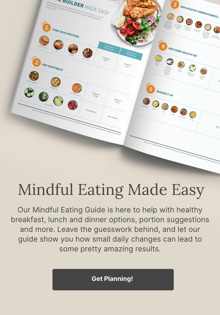 A booklet opened to an example recipe page in the Mindful Eating Guide. Accompany text mentions the Mindful Eating Guide that has recipe options, portion suggestions and more.