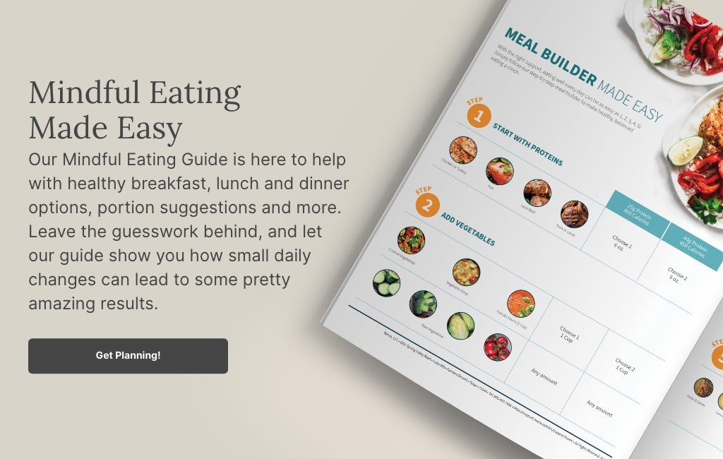 A booklet opened to an example recipe page in the Mindful Eating Guide. Accompany text mentions the Mindful Eating Guide that has recipe options, portion suggestions and more.