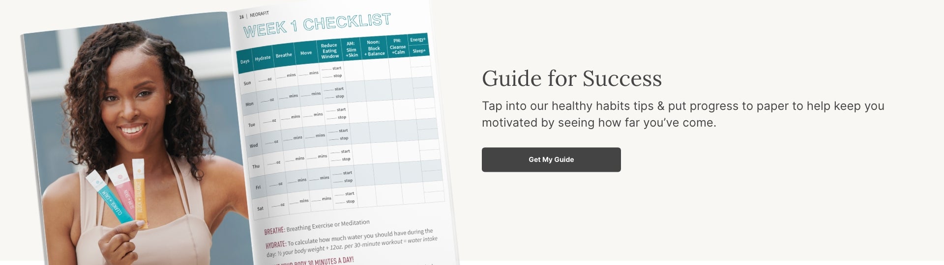 A booklet opened to an example page of what to expect in the NeoraFit™ Guide. Accompanying text mentions documenting progress and reading about healthy habit tips to stay motivated.