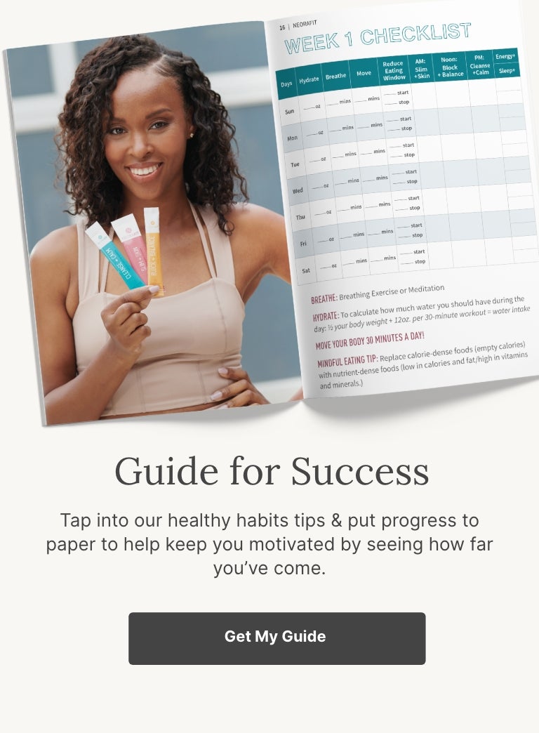 A booklet opened to an example page of what to expect in the NeoraFit™ Guide. Accompanying text mentions documenting progress and reading about healthy habit tips to stay motivated.