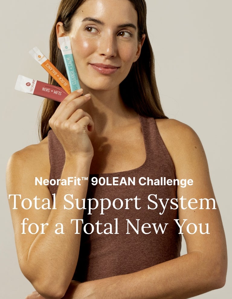 A woman holds up three NeoraFit™ Sachets next to her face. Accompanying text mentions the NeoraFit™ 90LEAN Challenge.