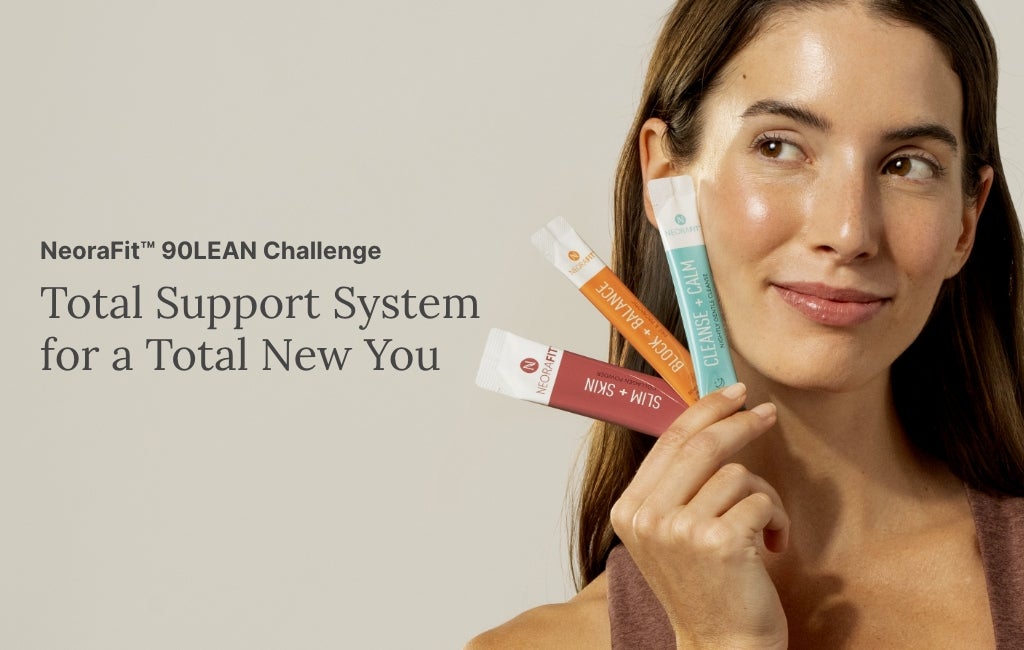 A woman holds up three NeoraFit™ Sachets next to her face. Accompanying text mentions the NeoraFit™ 90LEAN Challenge.