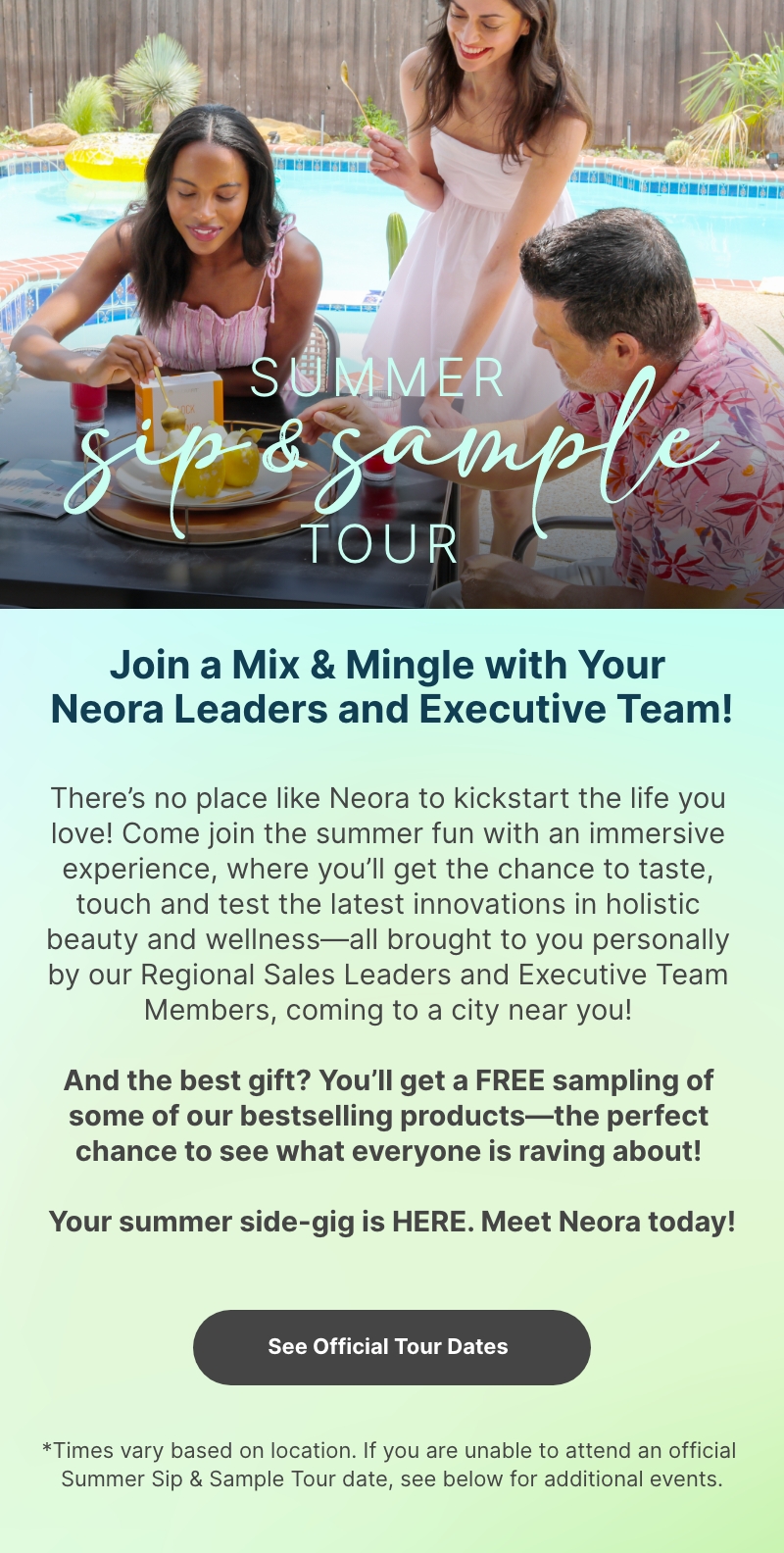 Sip & Sample. Join a Mix & Mangle with your Neora Leaders!