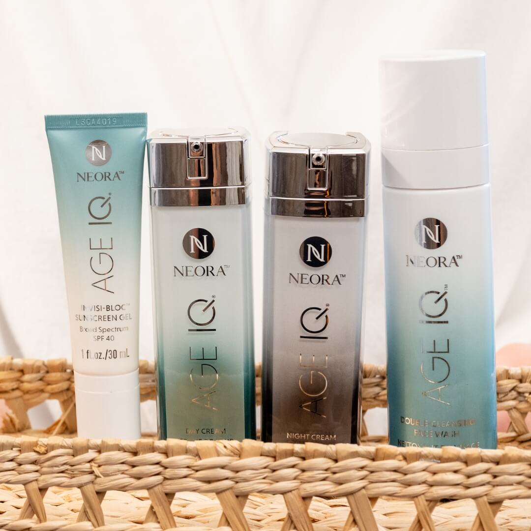 Neora's Cleanse, Correct, Protect Set in a basket.