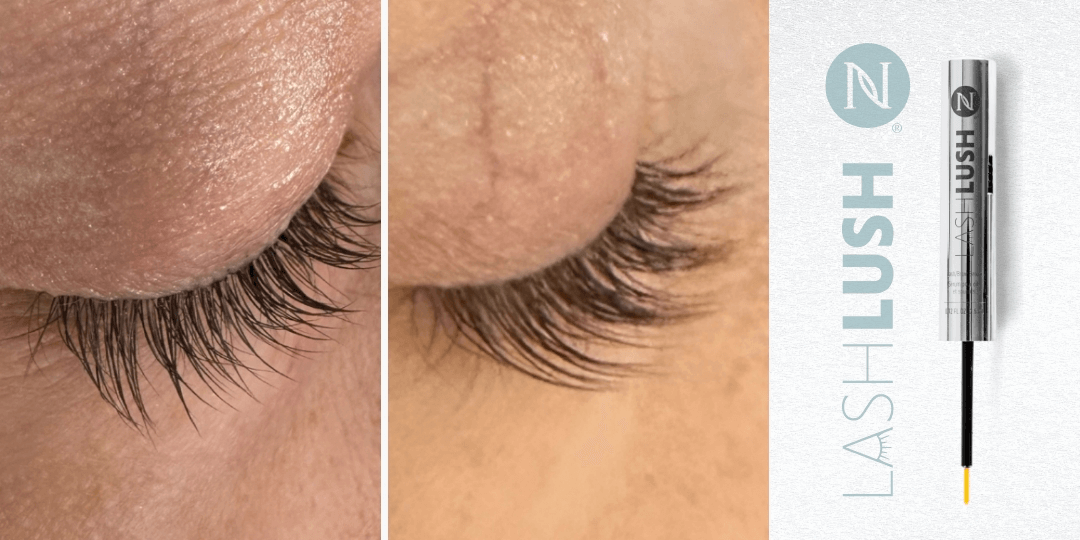 Before and After images of a woman's lashes after using LashLush