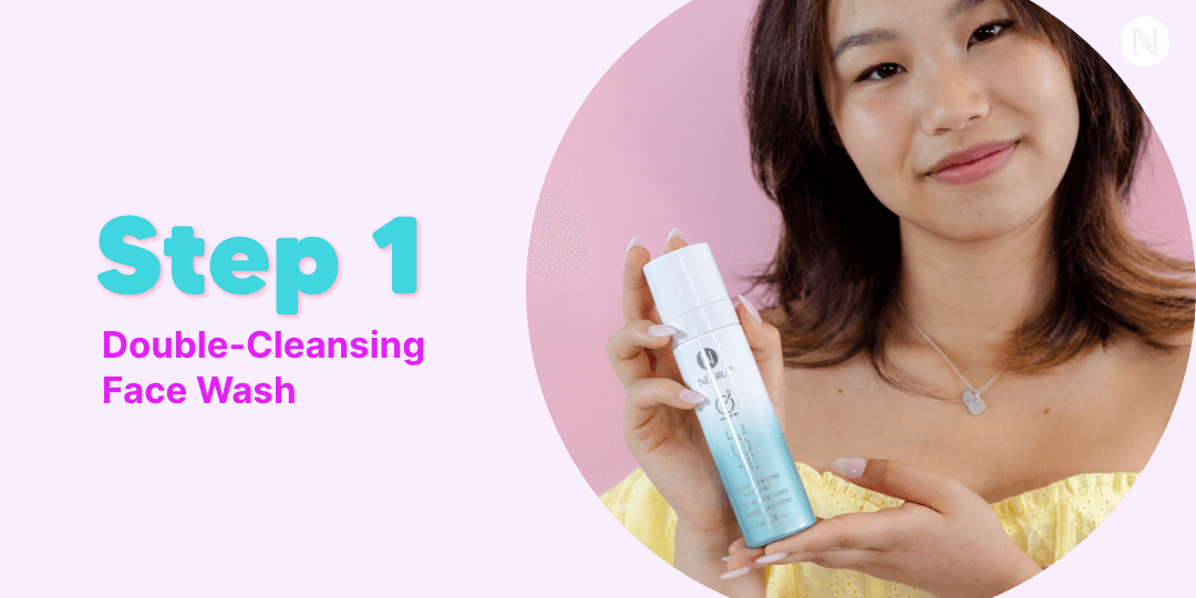 A woman holds up a Neora Age IQ Double Cleansing Face Wash Bottle. Accompanying text says, "Step 1: Double-Cleansing Face Wash"