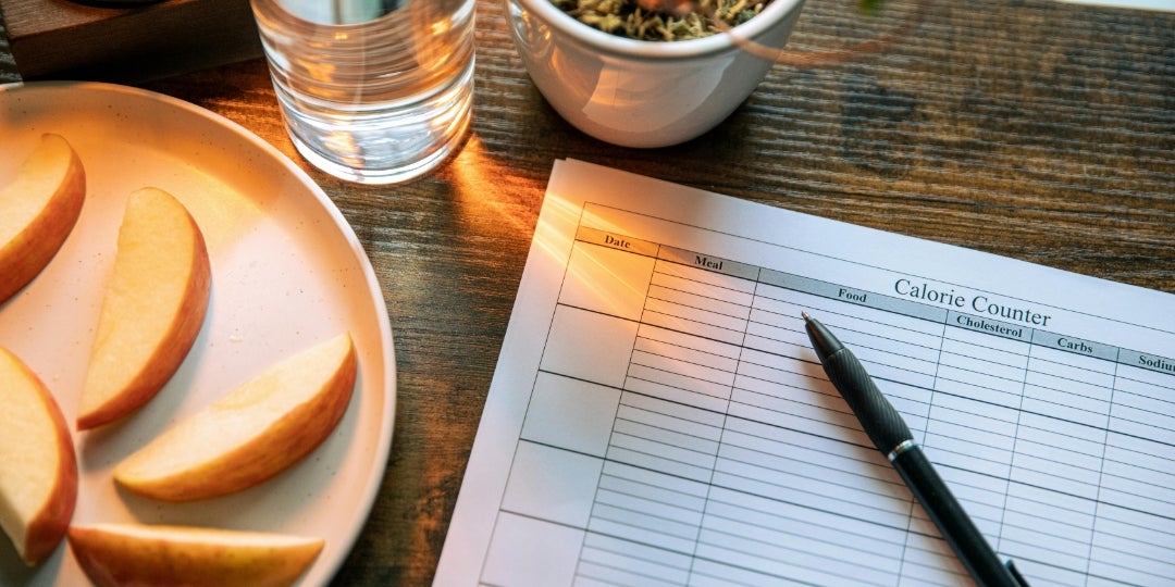 A calorie counter sheet with a plate of apples next to it.