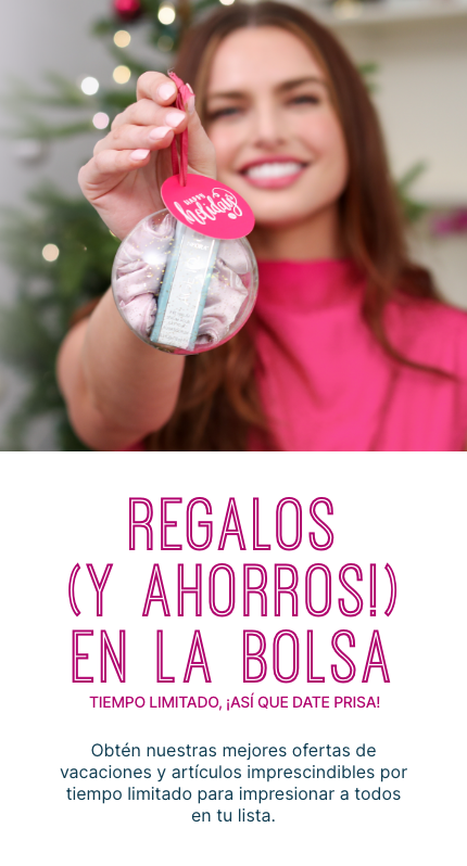 Regalos (¡y ahorros!) en la bolsa con los artículos imprescindibles para las fiestas de Neora. Mujer sonriendo y sosteniendo el set de navidad todo para los ojos de Neora.