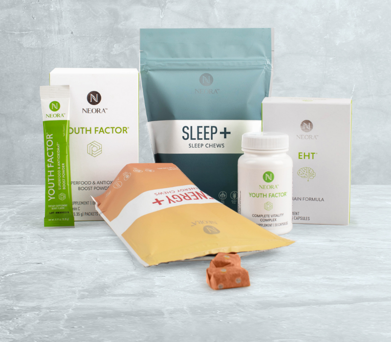 Neora Holistic Wellness Set includes Youth Factor Powder, Sleep+ and Energy+ Wellness Chews, EHT Brain Formula