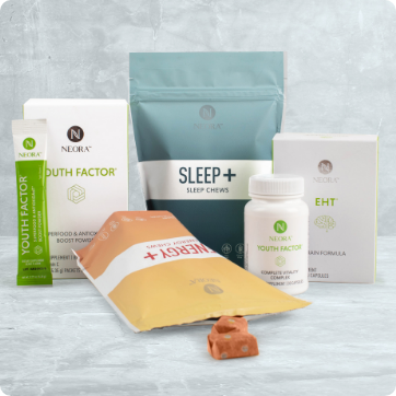 Neora Holistic Wellness Set includes Youth Factor Powder, Sleep+ and Energy+ Wellness Chews, EHT Brain Formula