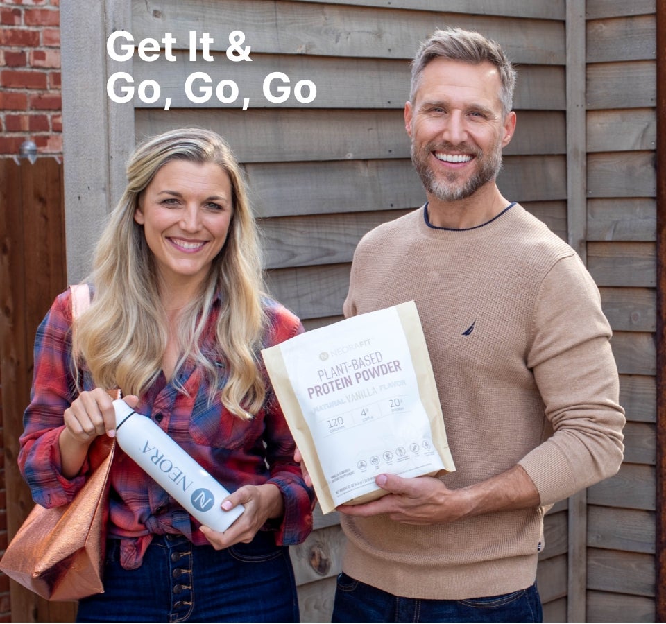 A woman holding a Neora bottle next to a man holding a bag of Neora's Plant-Based Protein Powder.